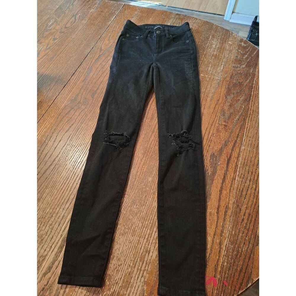 American Eagle Size 000 High Rise Black Distressed Jeggings Stretch Denim Jeans